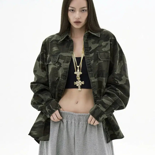 [BUNJANG] Take Easy Giant Fit Camo Shirt Jacket Khaki L / 테이크이지 자이언트핏 카모 셔켓 자켓 카모 카키 L