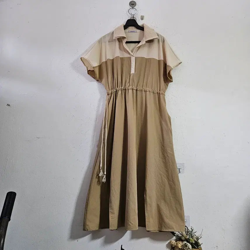 [BUNJANG] Crinkled Khaki Beige Color Block Shirt Dress / 바스락카키 베이지 배색 셔츠 원피스