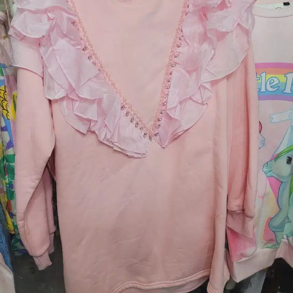 [BUNJANG] Bling Lace Frill Sweatshirt / 레이스핑크 프릴 맨투맨 수입  블링레이스
