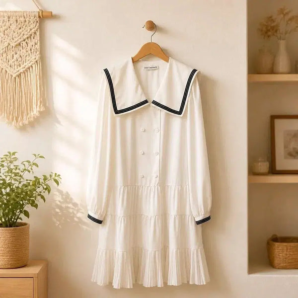[BUNJANG] Lucky Chouette 2023 Sailor Collar Pleated Dress White / 럭키슈에뜨 2023 세일러 카라 플리츠 디테일  원피스 38사이즈