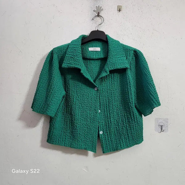 [BUNJANG] Green Embossed Short Sleeve Shirt / 녹색 엠보 반팔 셔츠