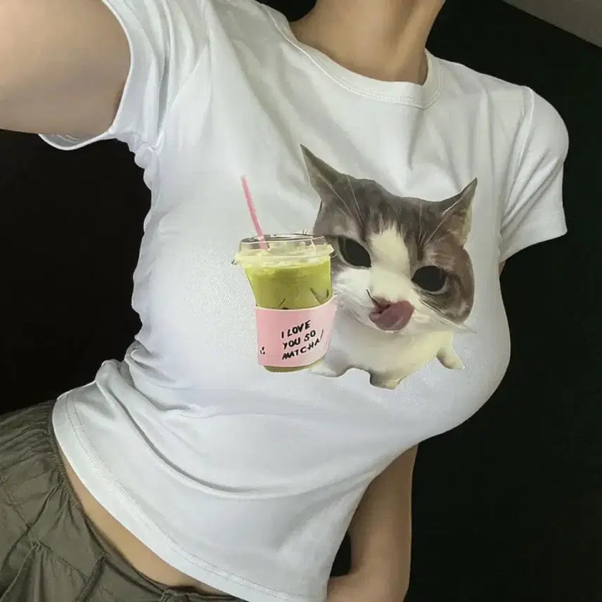 [BUNJANG] Matcha Cat Graphic T-Shirt / 맛차고양이 프린팅 반팔 티셔츠