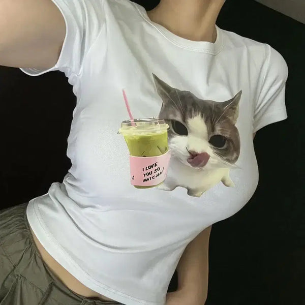 [BUNJANG] Matcha Cat Graphic T-Shirt / 맛차고양이 프린팅 반팔 티셔츠