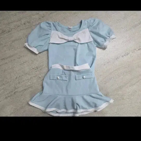 [BUNJANG] SERA Sky Blue Ribbon Detail Top & Skirt Pants Set (Small) / 남대문 SERA 세라 상하세트 (치마바지) 스몰사이즈
