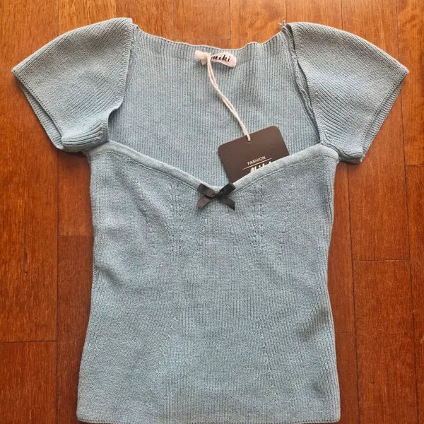 [BUNJANG] Mickey Square Neck Puff Sleeve Ribbon Short Sleeve Knit - Blue / 믹키 스퀘어넥 퍼프 소매 리본 반팔 니트 블루