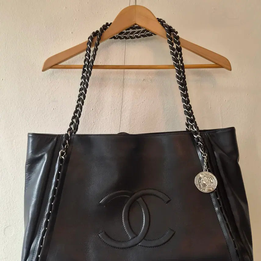 [BUNJANG] Women's Black Leather Chain Shopper Shoulder Bag / 여성 블랙 가죽 체인 쇼퍼백 숄더백