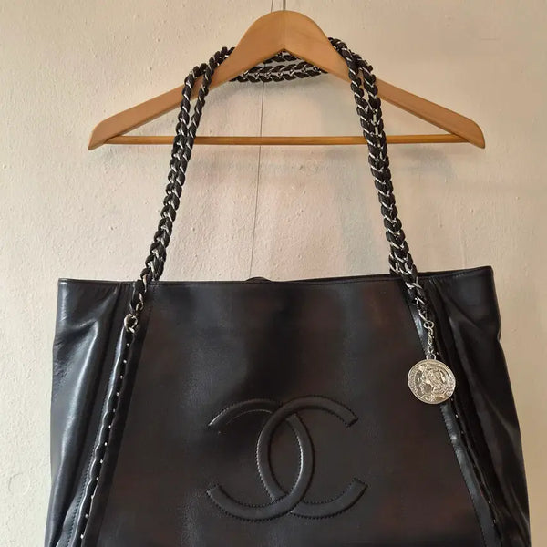 [BUNJANG] Women's Black Leather Chain Shopper Shoulder Bag / 여성 블랙 가죽 체인 쇼퍼백 숄더백