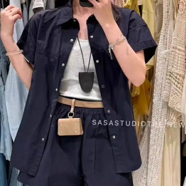 [BUNJANG] Navy Cotton Blend Set-up Short Sleeve Top and Bottom Set / 네이비 코든 셋업 반팔