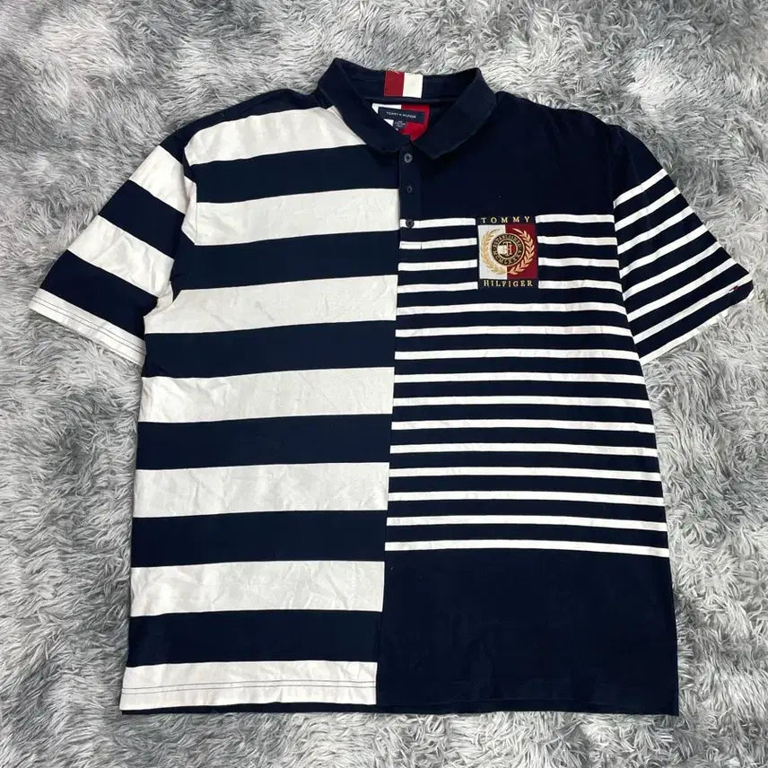 [BUNJANG] Tommy Hilfiger Patch Embroidered Striped Mix-up PK Short Sleeve Polo T-Shirt / 타미힐피거 패치 자수 스트라이프 믹스업 PK 반팔 카라티y 6561
