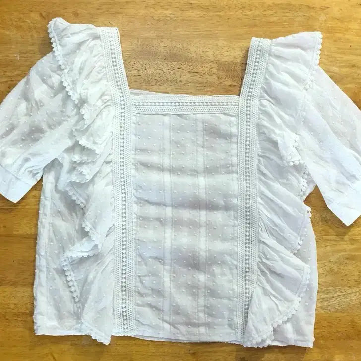 [BUNJANG] Lace Frill Square Neck Blouse - White / 레이스 프릴 스퀘어넥 블라우스 화이트