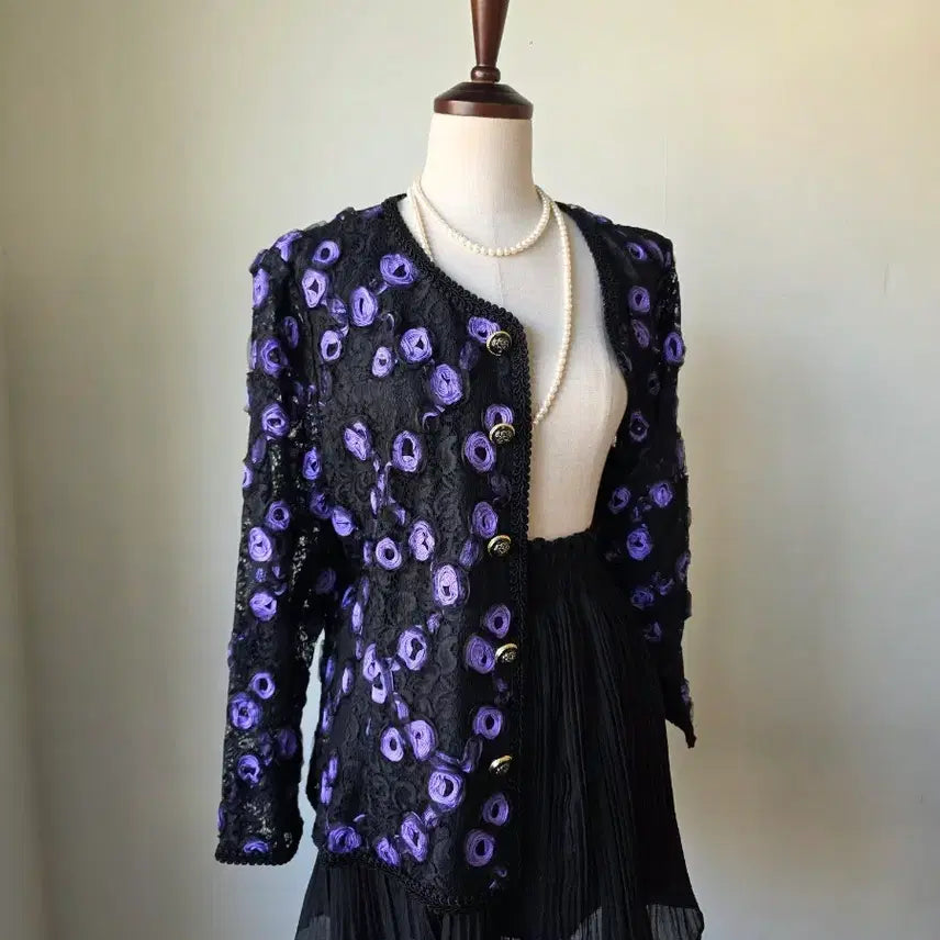[BUNJANG] Black Purple Floral Lace Jacket / 블랙 보라 꽃 레이스 자켓