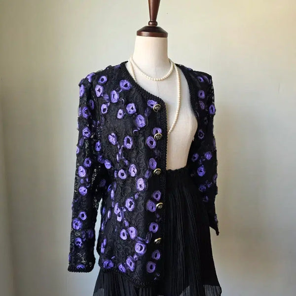 [BUNJANG] Black Purple Floral Lace Jacket / 블랙 보라 꽃 레이스 자켓