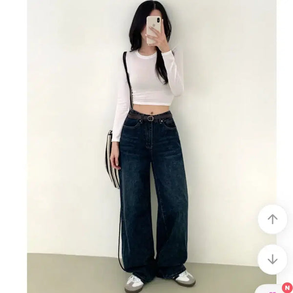 [BUNJANG] Dark Wash Wide Leg Denim Pants / 진청 와이드 데님 팬츠