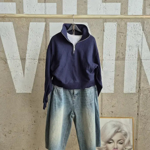 [BUNJANG] Musinsa High-Neck Cropped Sweatshirt Navy / 무신사 하이넥 크롭 맨투맨(TS1