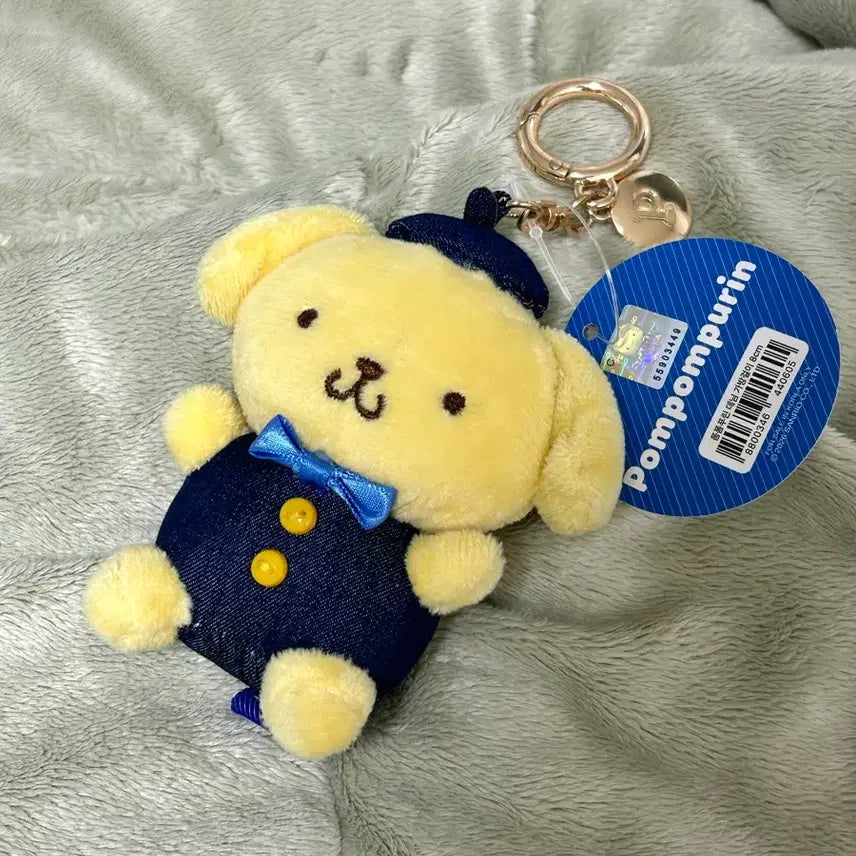 [BUNJANG] Sanrio Pompompurin Denim Costume Keychain with Initial Charm / 택0,산리오 폼폼푸린 키링 데님 코스튬 이니셜 참 인형 키링