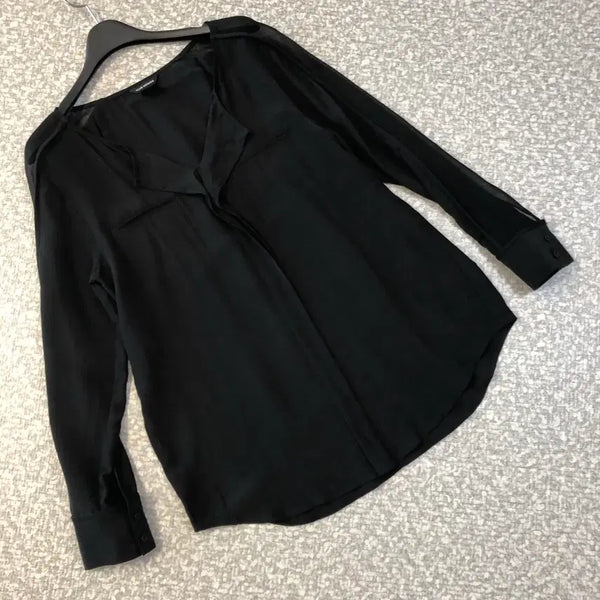 [BUNJANG] Club Monaco Silk 100% Sheer Blouse - Black, Minimalist Design / 클럽모나코 시스루 실크100% 블라우스 블랙 출근룩 올드머니룩 하객룩
