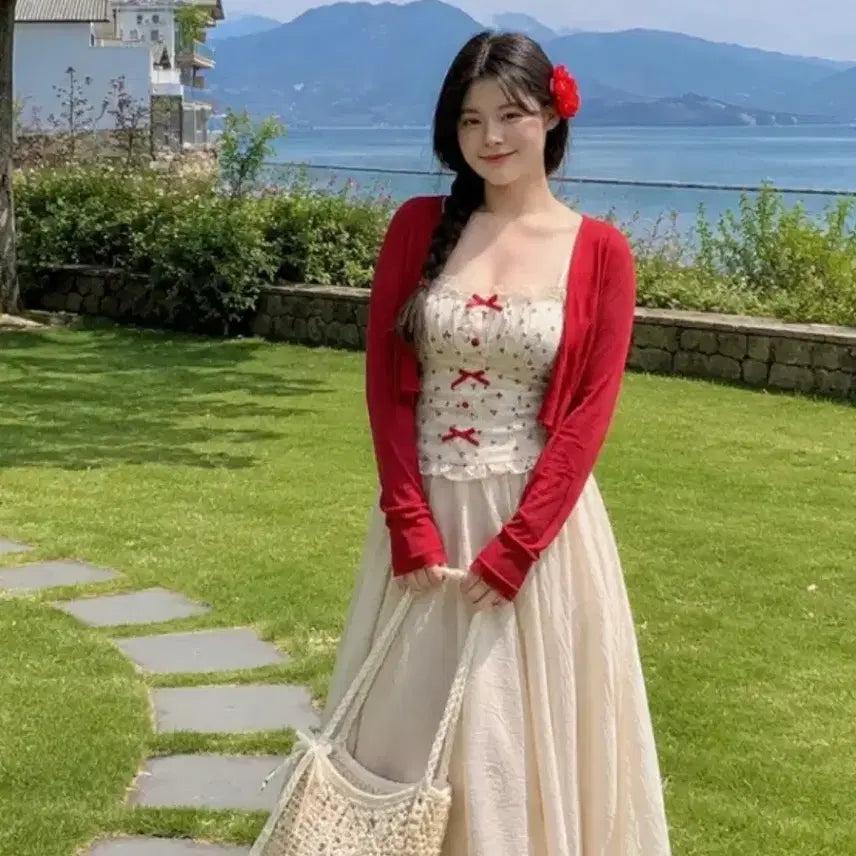 [BUNJANG] Picaroome Flower Cherry Sleeveless Cardigan Set / 피카룸 꽃체리 나시 가디건 세트