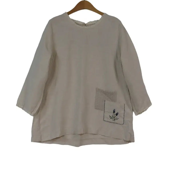 [BUNJANG] Linen Flower Embroidery Pocket Blouse - Natural Beige / 플라워 자수 포켓 마 블라우스 린넨 내추럴 프리 베이지