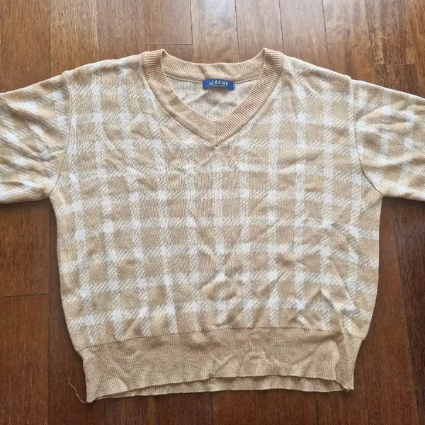[BUNJANG] Check Pattern Short Sleeve V-Neck Knit (Beige/Orange) / 체크 반팔 베이지 오렌지 니트