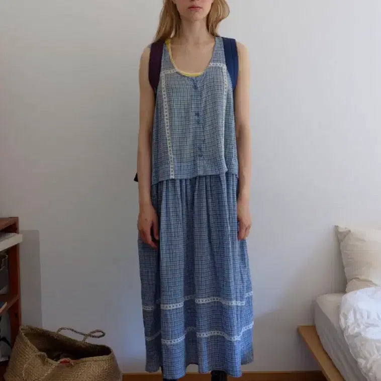 [BUNJANG] No Contents Sheer Check Long Dress Sky Blue / 노컨텐츠 시어 체크 롱원피스 스카이블루