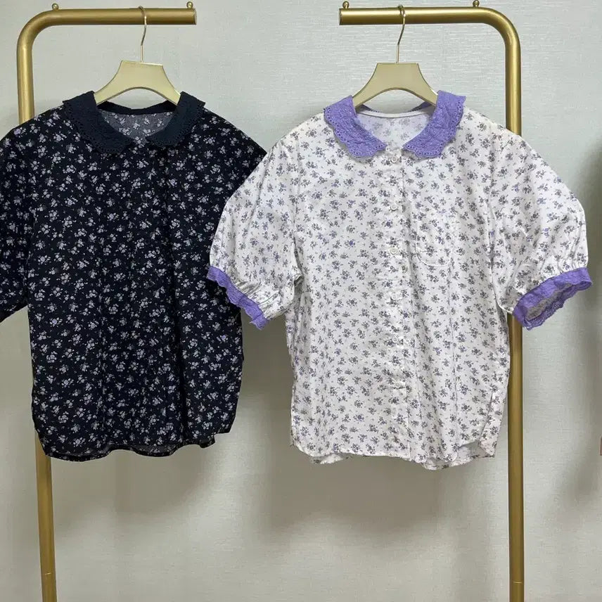 [BUNJANG] Ivory Puff Sleeve Blouse with Lavender Floral Print / 연보라잔꽃퍼프블라(아이보리)
