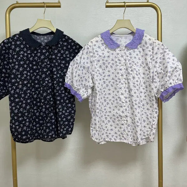 [BUNJANG] Ivory Puff Sleeve Blouse with Lavender Floral Print / 연보라잔꽃퍼프블라(아이보리)
