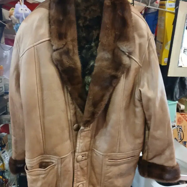 [BUNJANG] Men's Leather Shearling Trim Coat / 가죽 무스탕 퍼 트리밍 코트