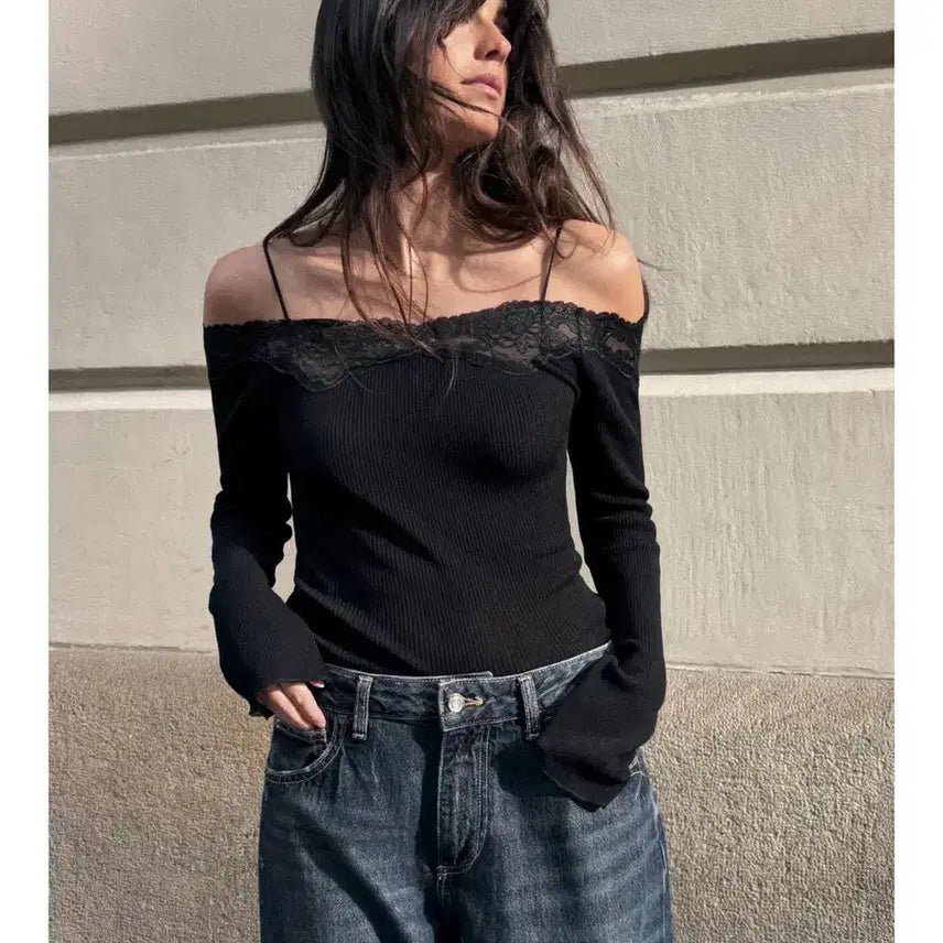 [BUNJANG] Zara Off-Shoulder Combo T-Shirt / 자라 숄더 오프 콤비 티셔츠
