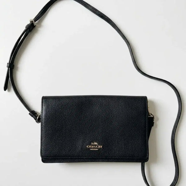[BUNJANG] Coach Anna Foldover Crossbody Clutch Black Leather / 코치 안나 폴드오버 크로스바디 클러치 블랙