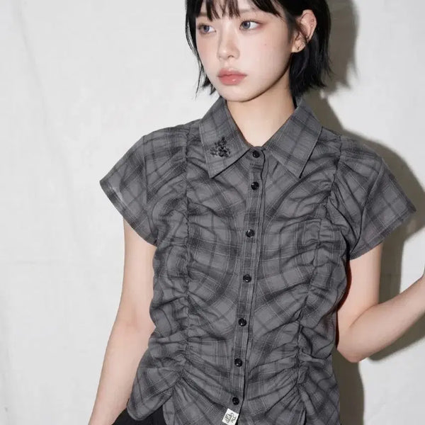 [BUNJANG] The Green Lab Check Shirring Blouse / 더그린랩 체크 셔링 블라우스 새상품