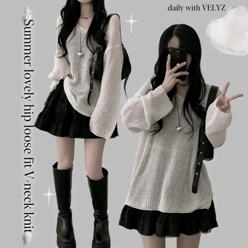 [BUNJANG] Oversized V-Neck Knit with See-Through Detail / 살탐방지 빅사이즈 시스루 오버핏 브이넥부클 스트릿 박시핏 니트