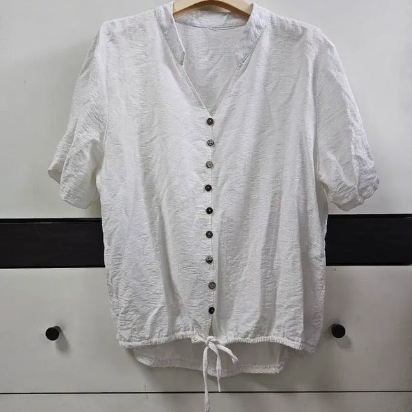 [BUNJANG] White Linen Button Short Sleeve Ribbon Blouse / 화이트 린넨 버튼 반팔 리본 블라우스