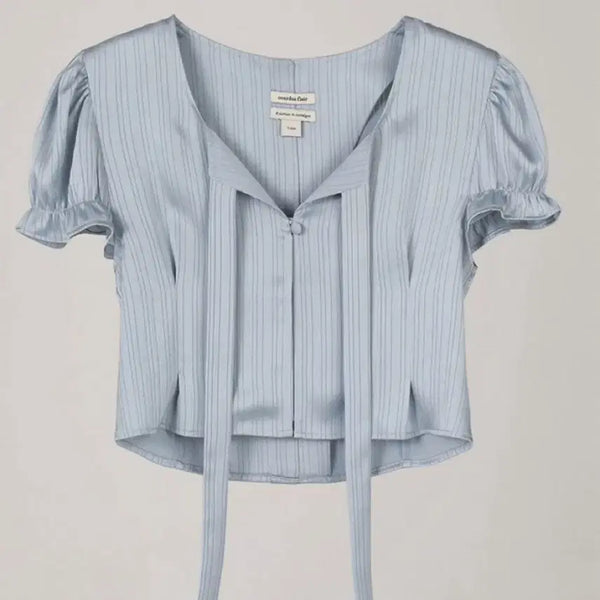 [BUNJANG] Overdue Flare Jacquard Pale Blue Blouse / 오버듀플레어 자카드 페일블루 새상품