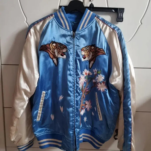 [BUNJANG] Tiger Cherry Blossom Embroidered Blouson Jumper / 블루종 호랑이 벚꽃 자수 점퍼
