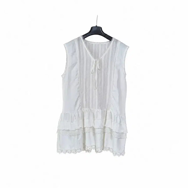 [BUNJANG] White Lace Frill Long Sleeveless Blouse / 화이트 레이스 프릴 롱나시 블라우스