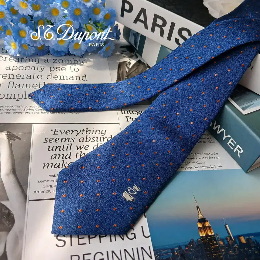 [BUNJANG] S.T. Dupont Silk Blend Blue Heart Teacup Pattern 8cm Slim Tie / S.T. DUPONT 에스.티. 듀퐁 실크 혼방 블루 하트 찻잔 패턴 넥타이 8cm A+등급 e1660