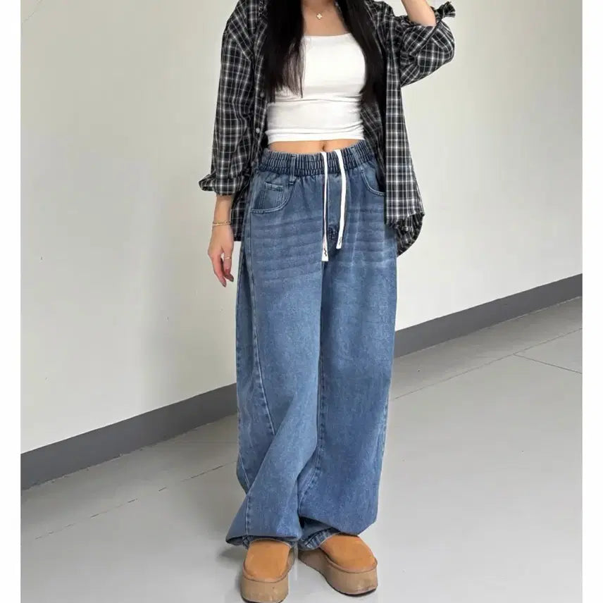 [BUNJANG] Snap Button Side Tuck Bending Wide Denim Pants (Dark Blue) / 밑단 스냅버튼 사이드턱 밴딩 와이드 데님팬츠 [진청]