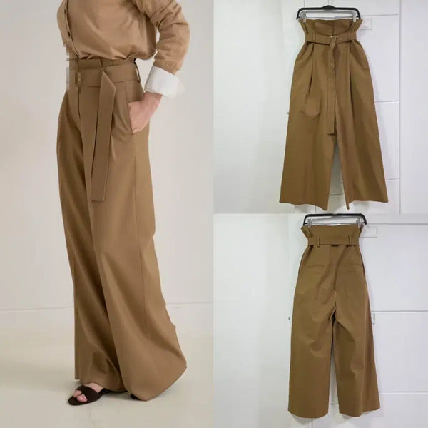 [BUNJANG] PREPARE Camel High-Waisted Belted Tuck Wide Pants / 프리페어 카멜 하이웨이스트 벨티드 턱 와이드 팬츠 29