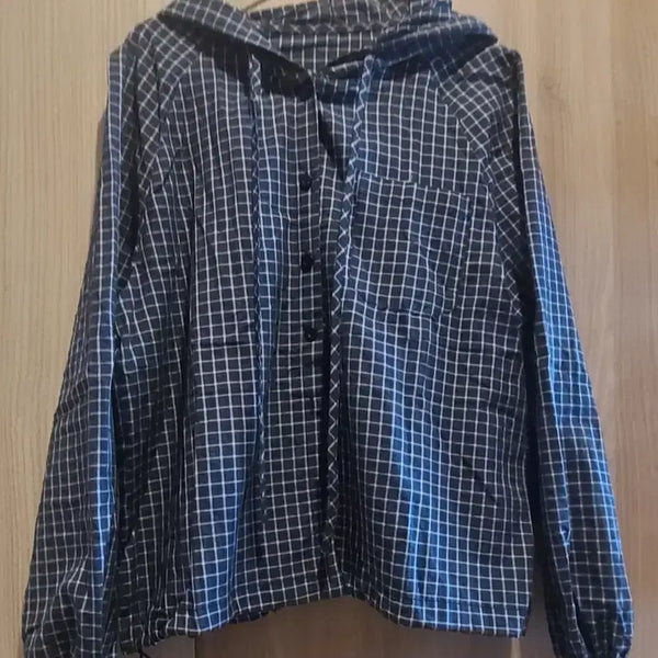 [BUNJANG] Checkered Hooded Windbreaker Shirt / (새상품) 예쁜 체크후드 셔츠바랑막이(먹색/free ~날씬88)