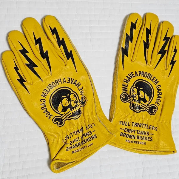 [BUNJANG] Natural Cowhide Motorcycle Gloves Skull Lightning Print / 미사용 새것 오토바이 가죽장갑  해골 번개 프린팅  천연소가죽 캠핑장갑 바이크 라이딩 할리데이비슨