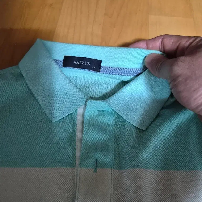 [BUNJANG] Hazzys Striped Collar T-Shirt Mint, Size 105 / 헤지스 카라티 반팔 티셔츠 민트색