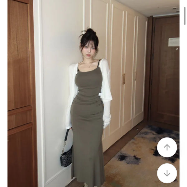 [BUNJANG] Hipnatic Mermaid Sleeveless Long Dress Khaki / 에이블리 히프나틱 머메이드 나시 롱 원피스 카키 (교신x)