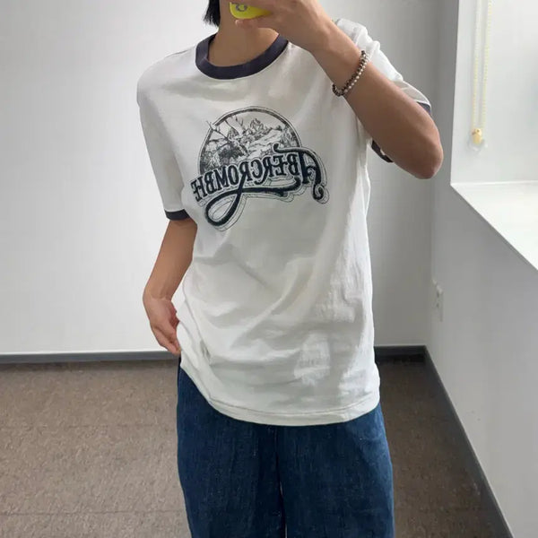 [BUNJANG] Abercrombie Lettering White Ringer T-Shirt / Abercrombie 아베크롬비 레터링 화이트 반팔 링거티