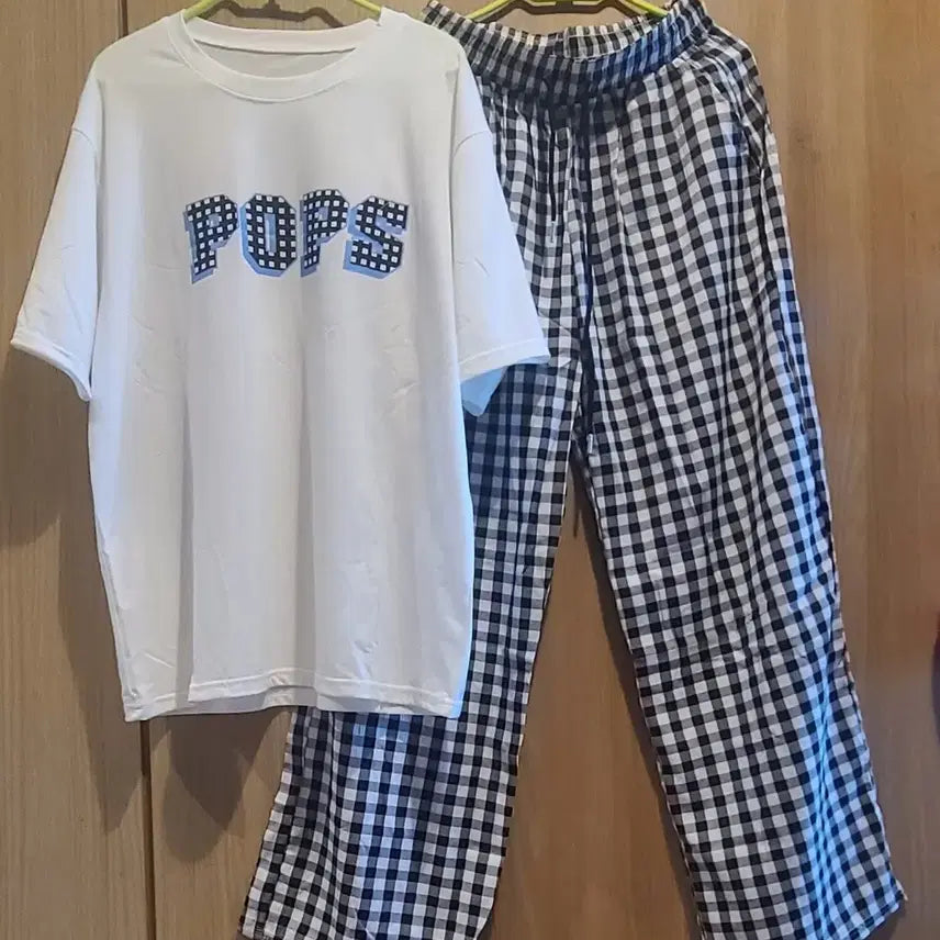 [BUNJANG] POPS Lettering T-shirt and Checkered Pants Set (Black/Free Size) / (새상품) 예쁜 POPS반팔&체크바지 세트(블랙/free ~77반)