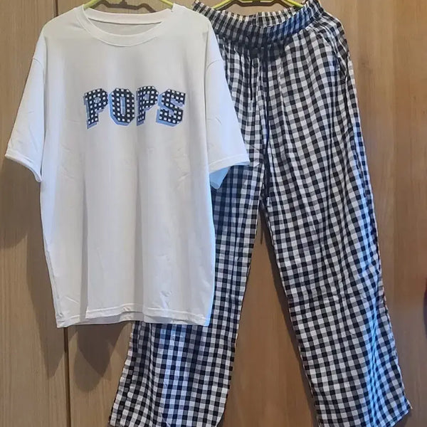 [BUNJANG] POPS Lettering T-shirt and Checkered Pants Set (Black/Free Size) / (새상품) 예쁜 POPS반팔&체크바지 세트(블랙/free ~77반)