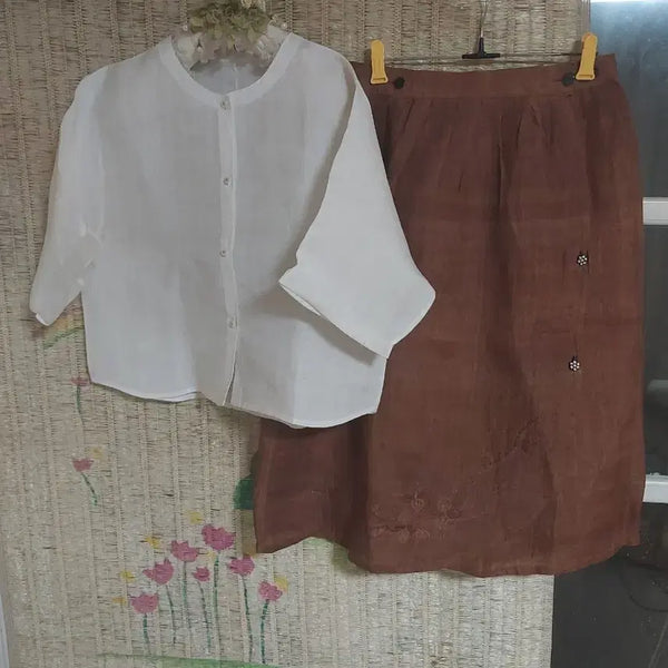 [BUNJANG] Linen Blend White Blouse + Brown Skirt Set / 마 화이트 블라우스+ 브라운 스커트
