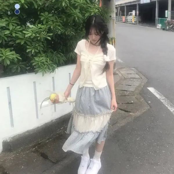 [BUNJANG] Check Two-Tone Frill Midi Skirt / 모리걸 허리밴딩 체크투톤프릴미디스커트