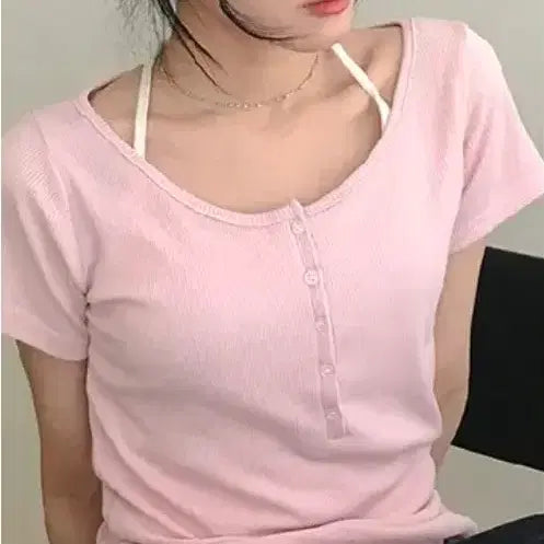 [BUNJANG] Button Wide Knit T-Shirt Pink Size 2 / 에이블리 통통 반팔버전 단추 와이드 니트티 빈팔 골지 버튼 핑크 2사이즈