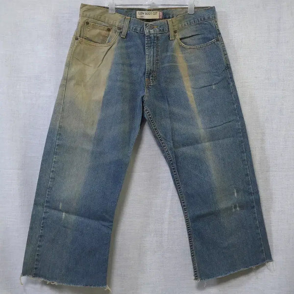[BUNJANG] Levi's 527 Asymmetrical Wash Crop Cut-off Low Bootcut Denim Jeans (W34) / 리바이스 정품 527-0372 비대칭 워싱 크롭 부츠컷 컷오프 데님 진 청바지 W34 32 33