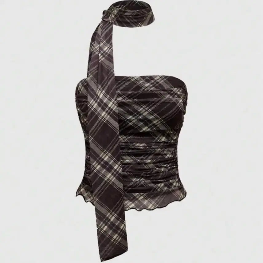 [BUNJANG] Checkered Scarf Chiffon Top Blouse Set - Brown / 체크 머플러 쉬폰 탑 블라우스 세트 브라운